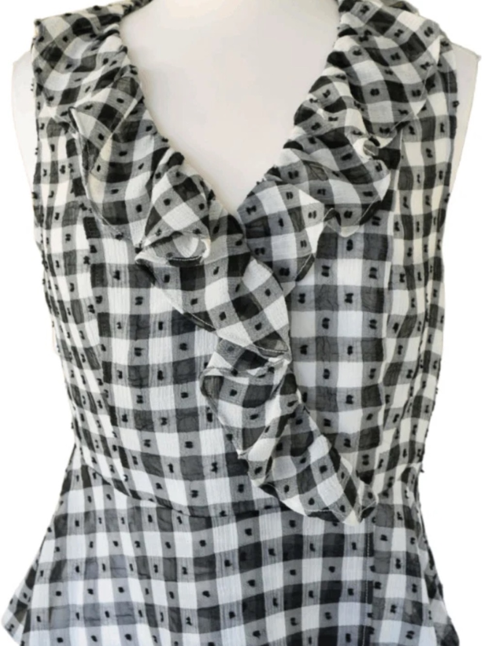 Maison d’ Amelie Paris Sleeveless Ruffle V-Neck Plaid Top - Black & White, XS